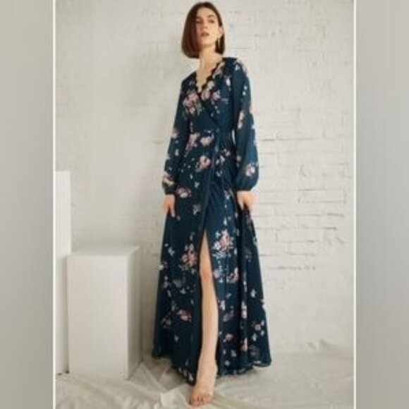 JJ House Dresses & Skirts - JJ House Split Front V-Neck Long Sleeves A-line Chiffon Lace Maxi Dress Blue 2/4